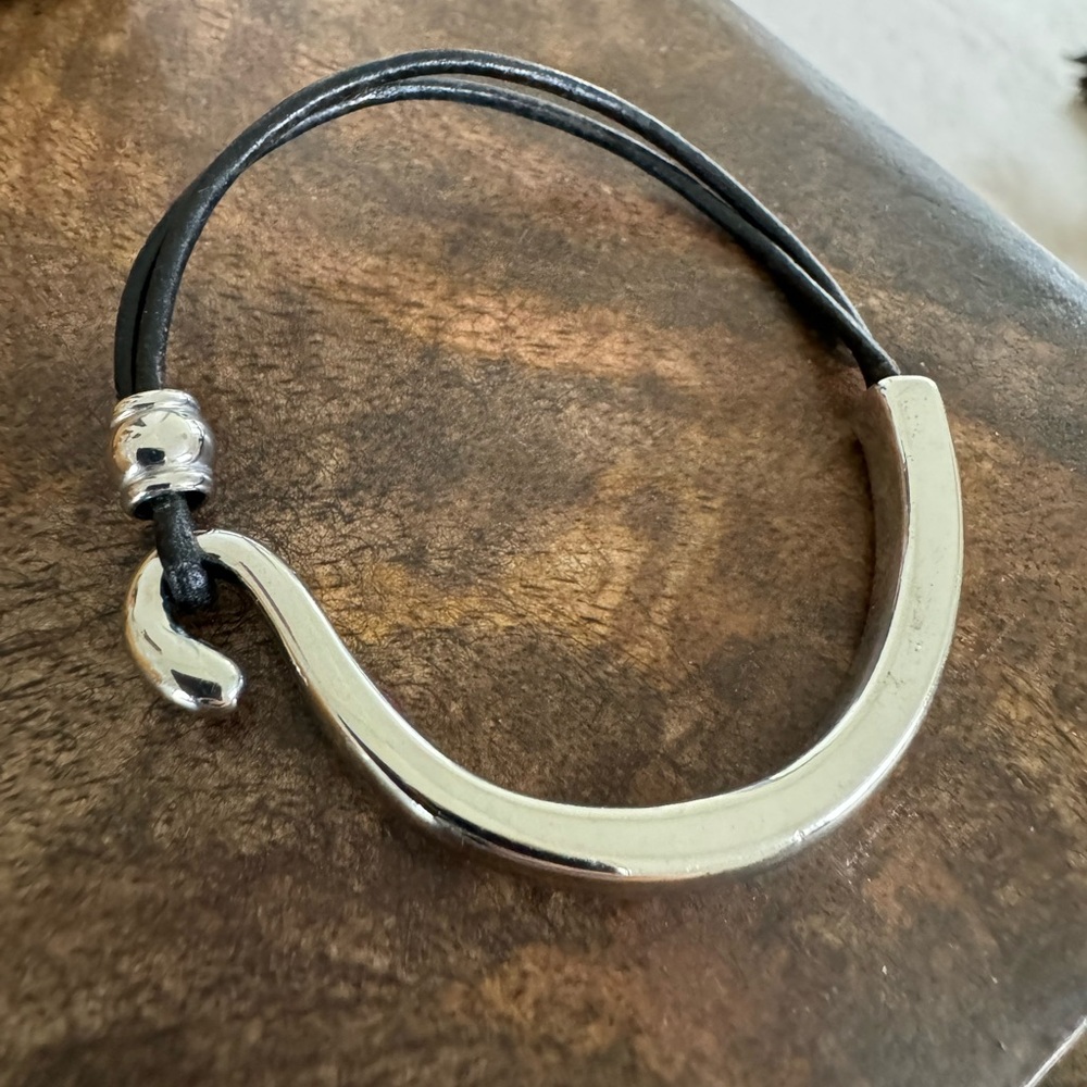 Silver and Black Leather Hook Bracelet